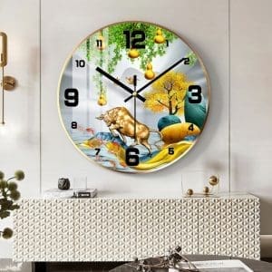 Tranh đồng hồ tròn treo tường mẫu trâu vàng tài lộc DHT09