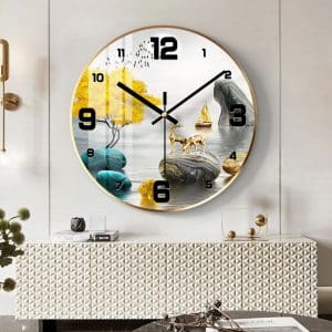 Tranh đồng hồ tròn treo tường mẫu hươu vàng DHT011