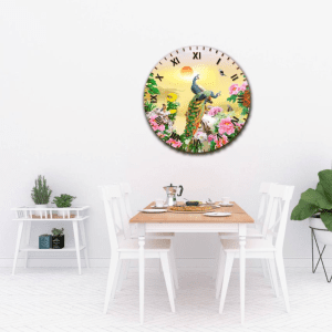 Tranh đồng hồ tròn treo tường mẫu đôi chim công DHT017