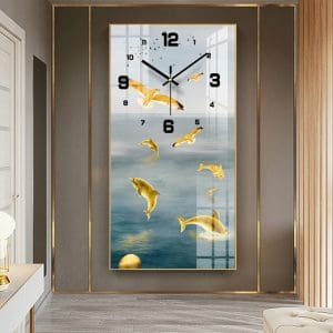 Tranh đồng hồ cá heo vàng may mắn treo tường TDH042