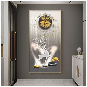 Tranh đồng hồ hươu tài lộc treo tường TDH045