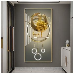 Tranh đồng hồ hươu vàng tài lộc treo tường TDH060
