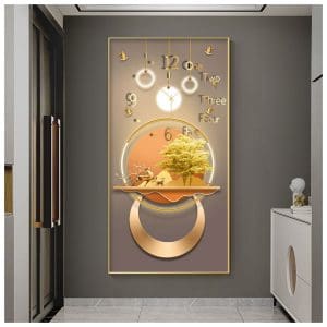 Tranh đồng hồ hươu vàng tài lộc treo tường TDH056