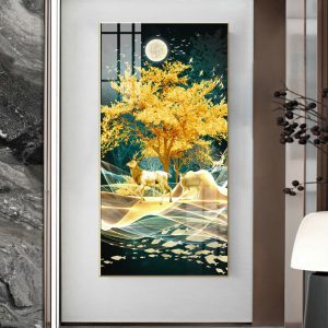 Tranh  Hươu Tài Lộc Và Cây Vàng Treo Phòng Khách TL34