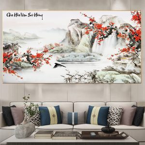 Tranh Thủy Mặc Hoa Đào Đỏ Treo Phòng Khách SHT22