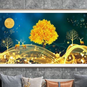 Tranh Phong Cảnh Hươu Tài Lộc Và Cây Vàng Treo Phòng Khách TL23