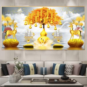 Tranh Phong Cảnh Hươu Tài Lộc Và Cây Vàng Treo Phòng Khách TL24
