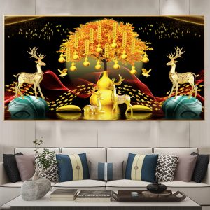 Tranh Phong Cảnh Hươu Tài Lộc Và Cây Vàng Treo Phòng Khách TL27