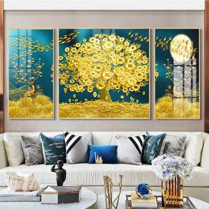 Tranh Phong Cảnh Hươu Tài Lộc Và Cây Vàng Treo Phòng Khách TL06