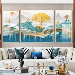 Tranh Phong Cảnh Hươu Tài Lộc Và Cây Vàng Treo Phòng Khách TL09