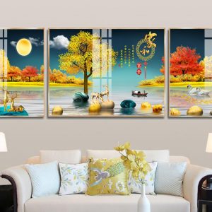 Tranh Phong Cảnh Hươu Tài Lộc Và Cây Vàng Treo Phòng Khách TL18