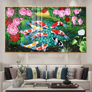 Tranh Cửu Ngư Quần Hội Hoa Mẫu Đơn Treo phòng khách CH16