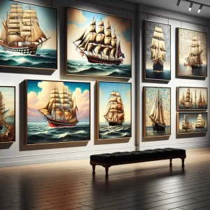 Một bộ sưu tập tranh thuyền buồm trong phòng triển lãm.