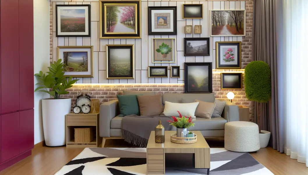 Phòng khách ấm cúng với trang trí tranh treo tường.