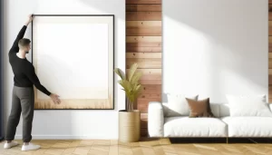 Bức tranh nghệ thuật lớn được treo trên tường, làm nổi bật không gian sống.