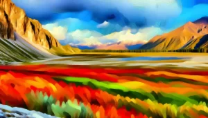Tranh phong cảnh với màu sắc rực rỡ, tạo cảm hứng sáng tạo và năng lượng cho không gian.